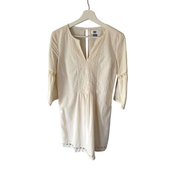 Old Navy Embroidered Cream Tunic Dress XS Lace Trim Keyhole Back Boho Casual - Picture 1 of 7